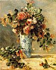 Roses And Jasmine In A Delft Vase by Pierre Auguste Renoir